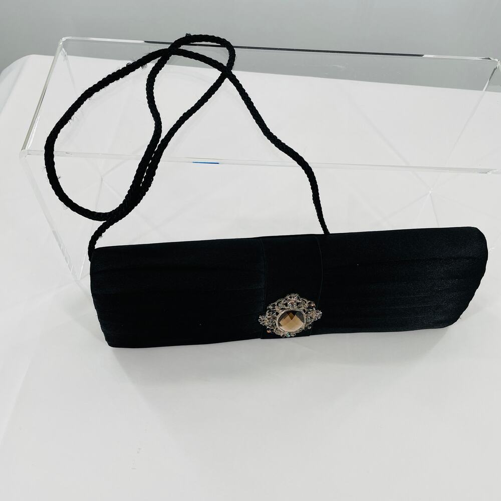 Women Clutch Black Dress Purse Rectangle Cord Strap Rhinestone Embellished - Picture 4 of 10